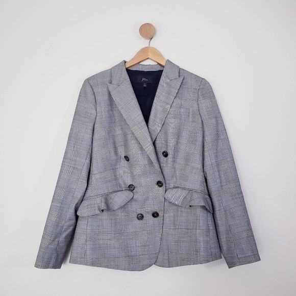 J. Crew Glen Plaid Wool Ruffle Double Breasted Blazer Jacket - Picture 1 of 13